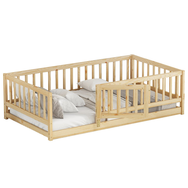 English Elm Twin Oak Montessori Floor Bed with Fence & Door, Twin Slatted Pine Frame, Low Profile for Kids (Natural) W1820P349300