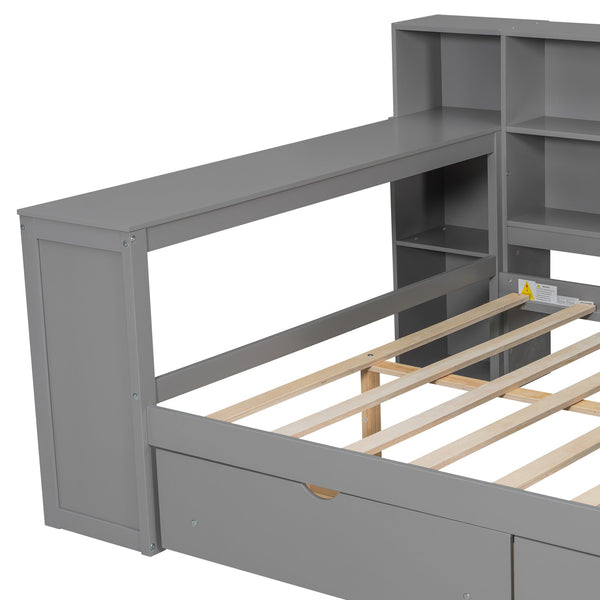 English Elm Wood Full Size Gaming Loft Bed with Integrated Desk, Shelves, LED Lighting & Hanging Clothes Rack Grey N7090001047E