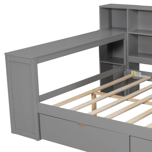 English Elm Wood Full Platform Bed with Led Headboard Built-in Desk Charging Station and Storage Shelves Grey N7090001047E-1