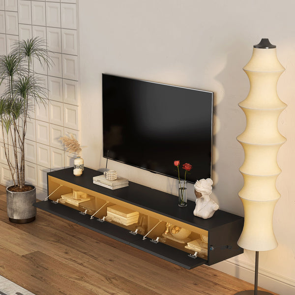English Elm Floating Wall TV Stand with LED Touch Light, High-Gloss Black Cabinet, 3 Plugs 2 USB Ports, Cord Management W1321P176417