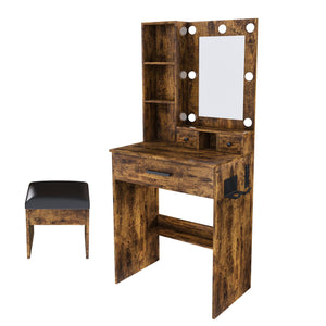 English Elm Vanity compact dressing desk with LED mirror, 3-color dimmable lights, drawers, stool, outlet Vintage W2699P345802