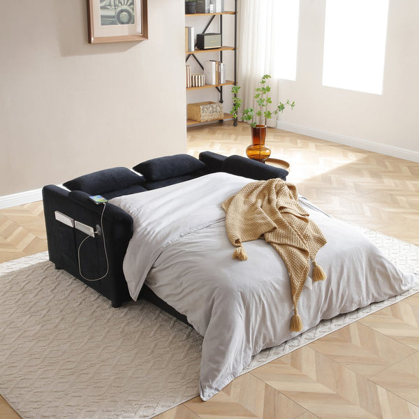 English Elm 55" Velvet Two Seater Pull Out Sofa Bed with USB Ports, Side Pockets, Adjustable Backrest, Compact Lounger Black W2677P288324