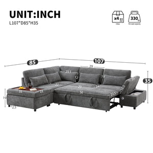 English Elm [video]107'' Chenille Sleeper Sectional with Usb Charging Storage Ottoman and Adjustable Armrest Gray N723S8782E