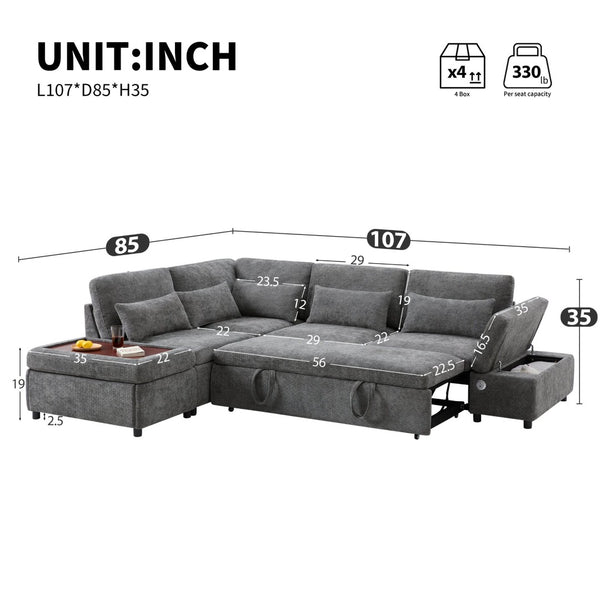English Elm [video]107'' Chenille Sleeper Sectional with Usb Charging Storage Ottoman and Adjustable Armrest Gray N723S8782E