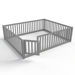 English Elm Queen Kids Floor Bed Pine Wood Frame with Safety Rails Door and Low Profile Design Gray W1580P418053