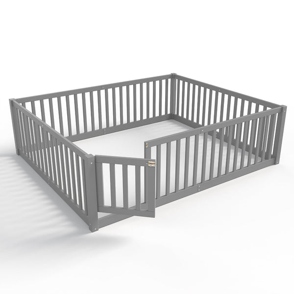 English Elm Queen Kids Floor Bed Pine Wood Frame with Safety Rails Door and Low Profile Design Gray W1580P418053