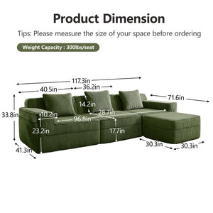 English Elm Modular 3-Seat L-Shape Sectional Sofa - Cloud-Like Comfort, Removable Pillows & Movable Ottoman, Green W3041S00332