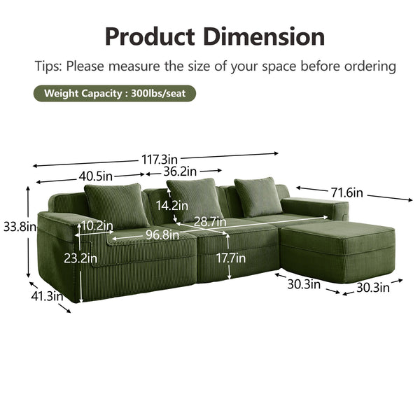 English Elm Modular 3-Seat L-Shape Sectional Sofa - Cloud-Like Comfort, Removable Pillows & Movable Ottoman, Green W3041S00332
