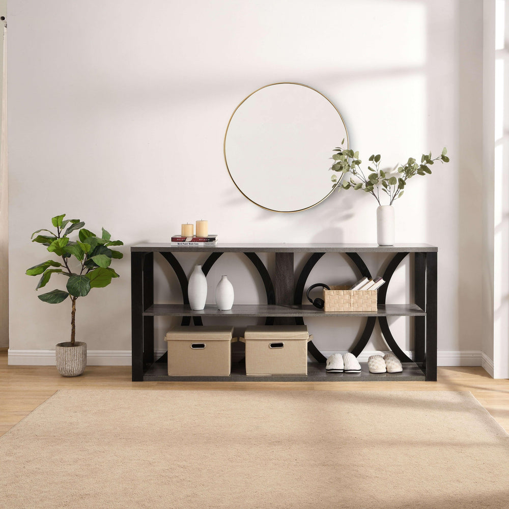 English Elm 3-Tier Industrial Console Table with Circular Frame Design, 70.87" Long Narrow Entry Shelf for Hallway Black+ Gray W2317P230086