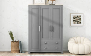 English Elm Three Door Pine Wardrobe with Two Drawers & Dual Hanging Rods, Gray Storage Armoire for Closet Organization, Sturdy MDF Build GX001834AAE