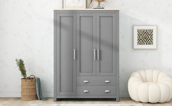 English Elm Three Door Pine Wardrobe with Two Drawers & Dual Hanging Rods, Gray Storage Armoire for Closet Organization, Sturdy MDF Build GX001834AAE