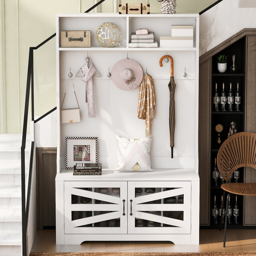 English Elm U-Can Entryway Bench with Coat Rack and Shoe Cabinet, 7 Hooks, Adjustable Shelves, Sturdy MDF White N724P264668K