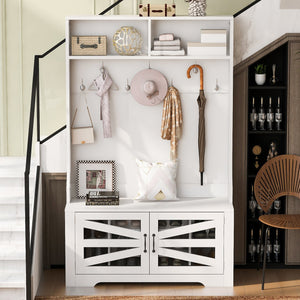 English Elm U-Can Entryway Bench with Coat Rack and Shoe Cabinet, 7 Hooks, Adjustable Shelves, Sturdy MDF White N724P264668K