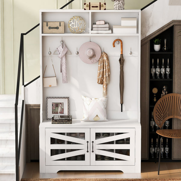 English Elm U-Can Entryway Bench with Coat Rack and Shoe Cabinet, 7 Hooks, Adjustable Shelves, Sturdy MDF White N724P264668K