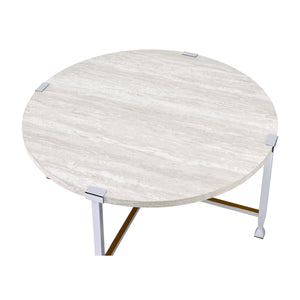 English Elm Round Coffee Table with White Oak Top and Chrome Frame Legs — Modern Minimalist Accent for Living Room B016P313026