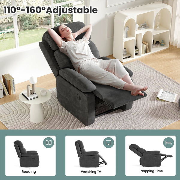English Elm Small Recliner Chair with Padded Cushioning and Acacia Wood Frame, Easy Assembly, 330lb Capacity Grey T3623P408686
