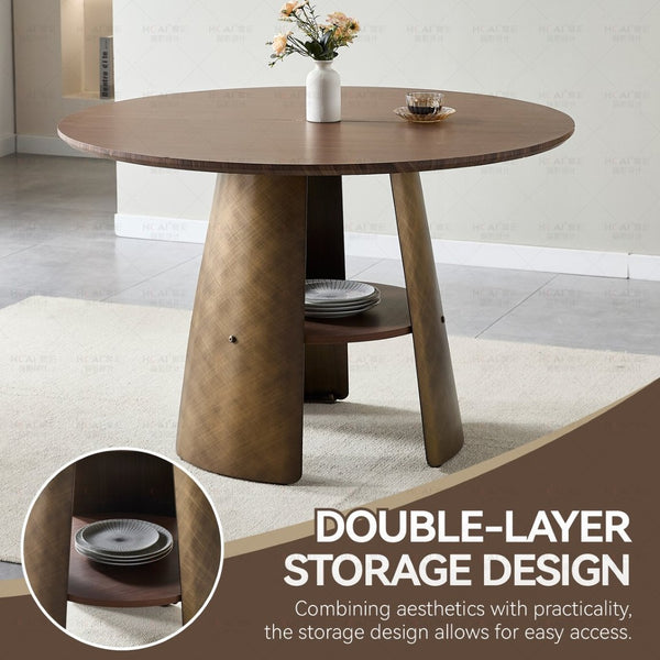English Elm 47.25 Inch Round Dining Table Walnut Mdf Top Bronze Metal Frame Seats Six W3357S00001