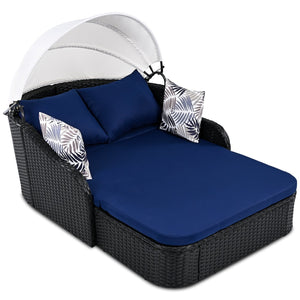 English Elm GO Outdoor Sun Bed with Adjustable Canopy, Durable PE Rattan Double Lounger, Zippered Cushions and Pillows for Easy Care and 500lb Capacity Black+Blue FG201223AAN
