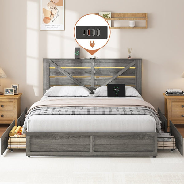 English Elm Full-size Storage Bed Barn Door Headboard Led Lighting Four Drawer Farmhouse Frame W5026P429541