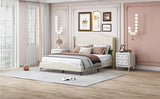 English Elm 3 Pieces Bedroom Set With Queen Size Pu Leather Upholstered Platform Bed and Elegant Pu Nightstand With 2 Drawers , Beige