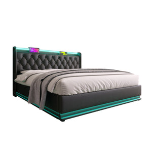 English Elm King Upholstered Bed with Surround LED, App/Remote Control, Hydraulic Storage, USB Type-C Charging Black N736P188808B