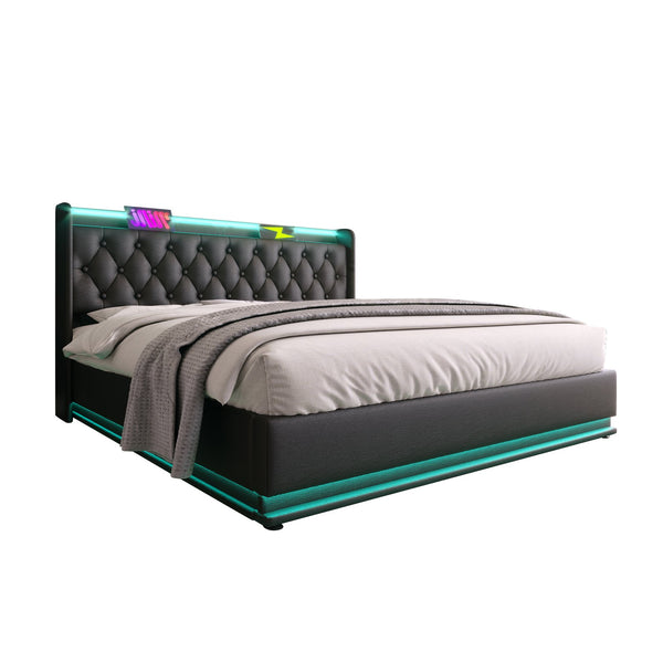 English Elm King Upholstered Bed with Surround LED, App/Remote Control, Hydraulic Storage, USB Type-C Charging Black N736P188808B