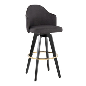 English Elm Fixed-height Swivel Barstools Charcoal Upholstered Seats Gold Footrest Set of Two B202S01863