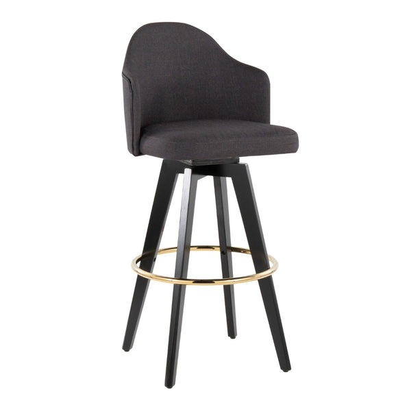 English Elm Fixed-height Swivel Barstools Charcoal Upholstered Seats Gold Footrest Set of Two B202S01863