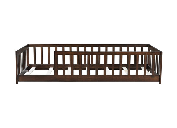 English Elm Twin Solid Rubberwood Floor Bed with Full Perimeter Safety Rails for Toddler Rooms Espresso W504P296797