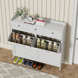 English Elm Metal Powder Coated Steel Shoe Cabinet Slim Entryway Organizer with Seven Drawers White T2398P413026