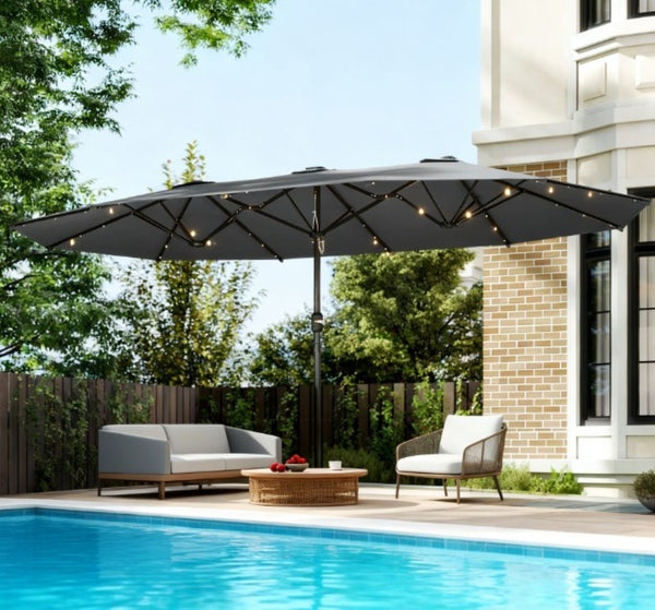 English Elm Double-sided Patio Umbrella with 36 Solar Led Lights Steel Frame Vented Canopy T3971P426130