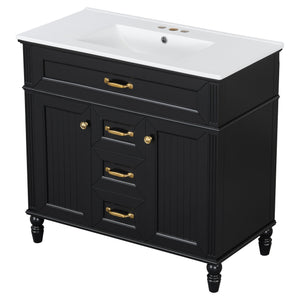 English Elm 36 Inch Bathroom Vanity with Ceramic Sink, Durable MDF & Solid Wood Frame, Soft-Close Doors, Luxe Handles, Ample Organized Storage, Modern Freestanding Design Black N725P314034B