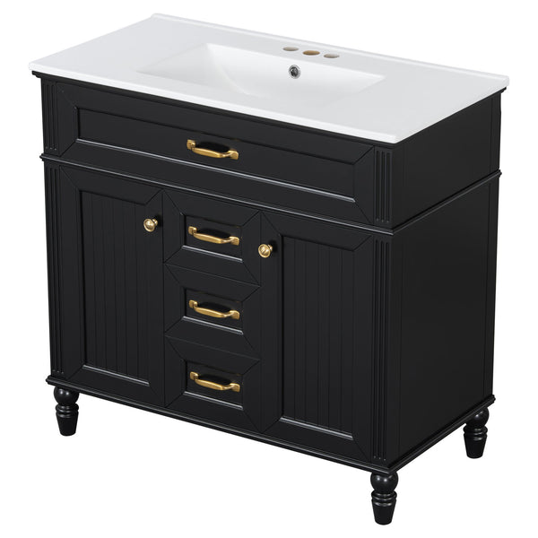 English Elm 36 Inch Bathroom Vanity with Ceramic Sink, Durable MDF & Solid Wood Frame, Soft-Close Doors, Luxe Handles, Ample Organized Storage, Modern Freestanding Design Black N725P314034B