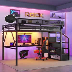 English Elm Queen Metal Loft Bed with Desk Charging Station Rgb Lighting and Storage Stairs W2580S00091