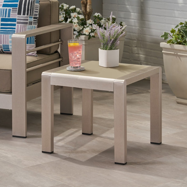 English Elm Cape Coral Frosted Tempered Glass Outdoor Side Table with Rust Resistant Aluminum Frame 65810.00