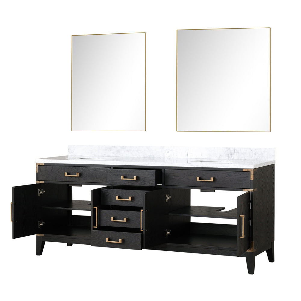 English Elm Black Oak Double Bath Vanity With Carrara Marble Top, Soft-Close Storage & 36" Mirrors Included B2731S02155