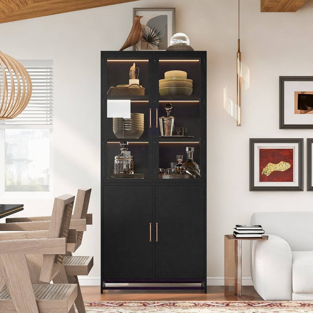 English Elm 76.75'' Steel Curio Cabinet with Led Lights Tempered Glass Doors Vintage Brass Handles SN845P282833B_R