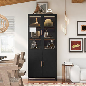 English Elm 76.75'' Steel Curio Cabinet with Led Lights Tempered Glass Doors Vintage Brass Handles SN845P282833B_R
