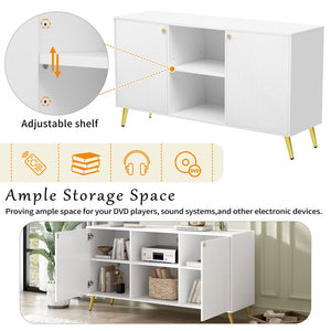 English Elm VIBE Modern TV Stand for TVs up to 55" — Luxe MDF Console with Gold Metal Legs, Adjustable Shelf, Anti-Tip Device White N724P198518K