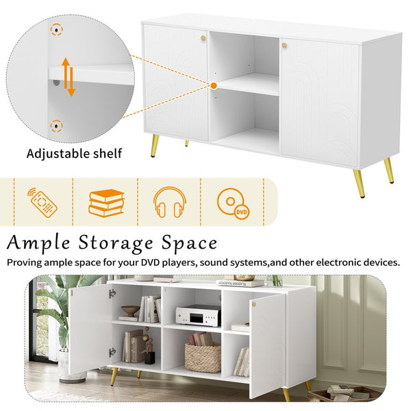 English Elm VIBE Modern TV Stand for TVs up to 55" — Luxe MDF Console with Gold Metal Legs, Adjustable Shelf, Anti-Tip Device White N724P198518K