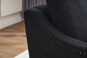 English Elm 011-Teddy Plush Swivel Accent Chair with High Back, Rivet Trim, 360° Rotation, Storage & Pockets Black W527P190836
