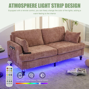 English Elm Modern chenille 2-seater sofa with LED lighting, USB charging, storage pocket, sturdy wood legs Pink W395P318541