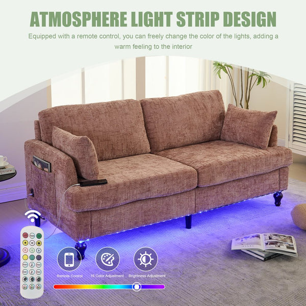 English Elm Modern chenille 2-seater sofa with LED lighting, USB charging, storage pocket, sturdy wood legs Pink W395P318541