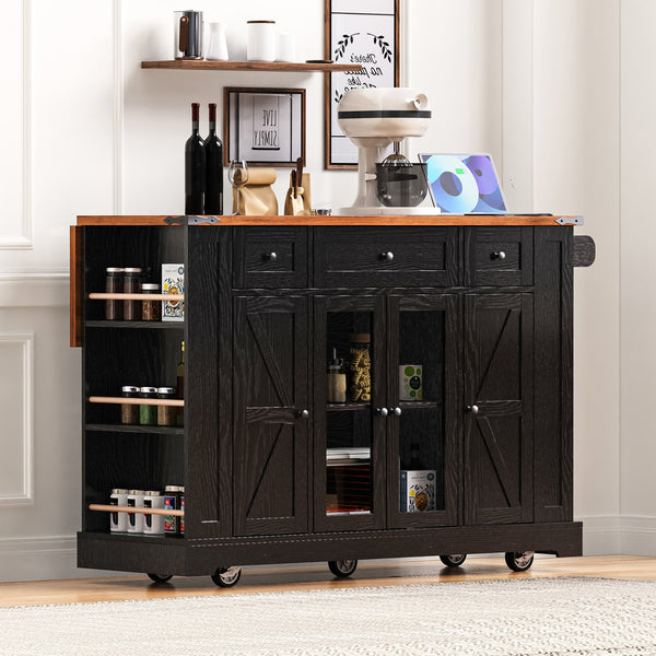 English Elm K&K 53" Farmhouse Kitchen Island with Drop Leaf, Tempered Glass Doors, Power Outlet, Rolling Cart Black N707P263637B