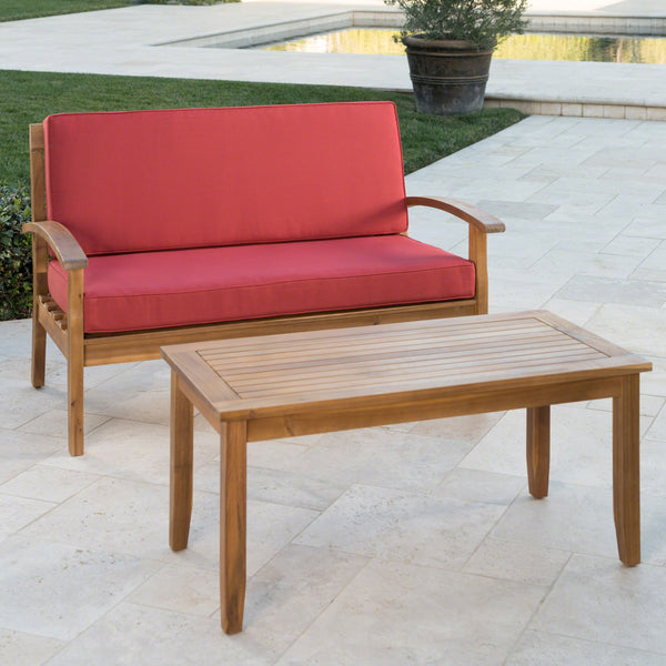 English Elm Christopher Knight Home® - 4-Person Outdoor Seating Group With Cushions - Stylish Teak-Toned Acacia Wood For Patios & Balconies 57973.00RED-2_57972.00SETRED