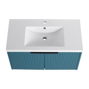 English Elm 36" Floating Bathroom Vanity with Resin Sink, Wavy Doors, Soft-Close Hinges & Durable Plywood Finish Lake Blue W999P251809