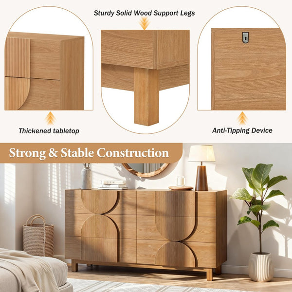 English Elm Modern Fluted 6 Drawer Dresser with Solid Wood Legs Japandi Chest for Bedroom Natural N739S0000013W