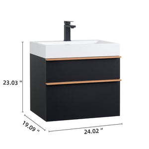 English Elm VELA 24 Inch Wall Mounted Bathroom Vanity with Integrated Acrylic Sink, Dual Wood Handles, Soft-Close drawers and Organizer Black W3235P327615