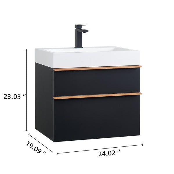 English Elm VELA 24 Inch Wall Mounted Bathroom Vanity with Integrated Acrylic Sink, Dual Wood Handles, Soft-Close drawers and Organizer Black W3235P327615