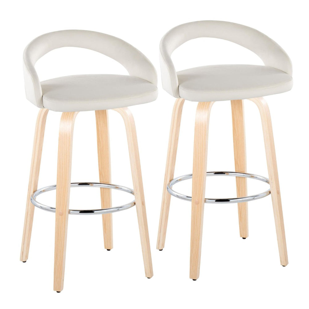 English Elm Fixed-height Swivel Barstools Walnut Bentwood Legs White Velvet Seat Set of 2 B202S01917